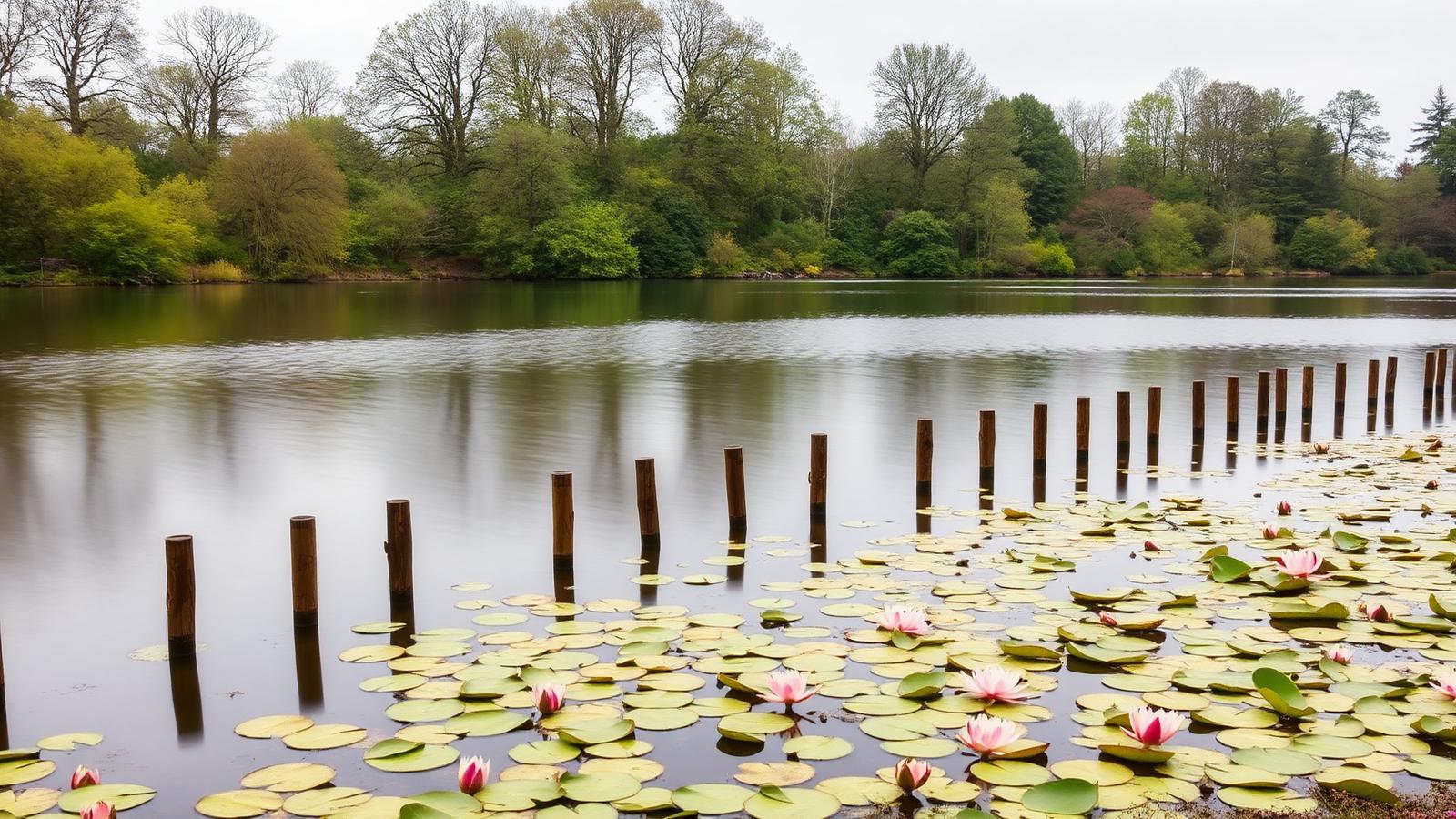 Day ticket fishery lake with wooden pegs and lily pads
