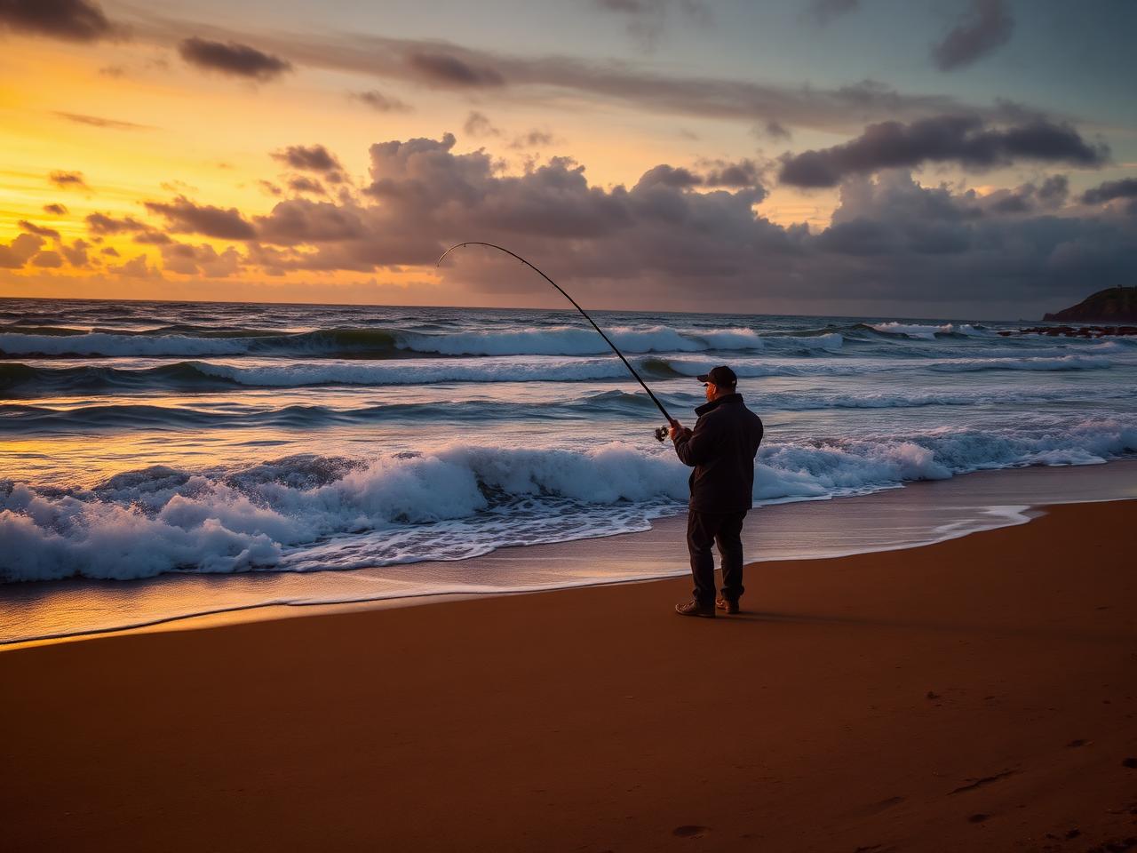 Sea angler beach casting into surf on a British coastline at dusk
