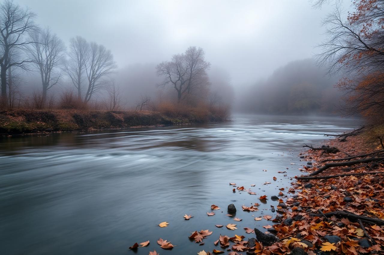 Misty autumn river at dawn with fallen leaves on the bank