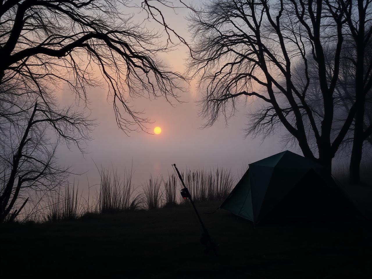 Misty dawn over a UK carp lake with two rods on alarms