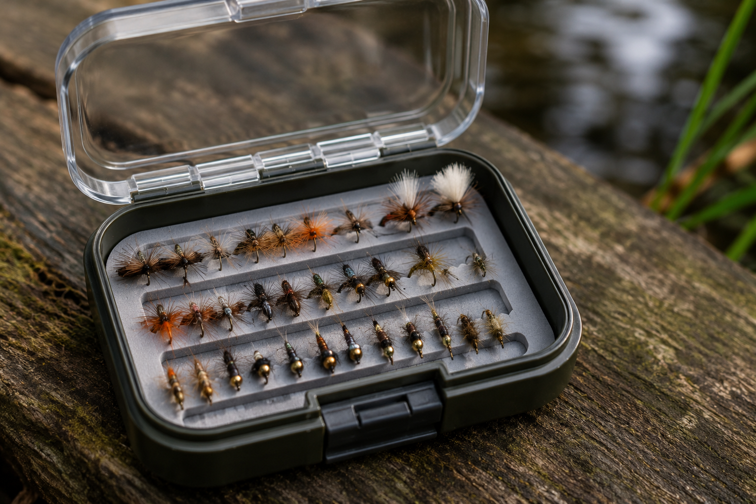 Small open fly fishing tackle box filled with assorted trout flies beside the water.