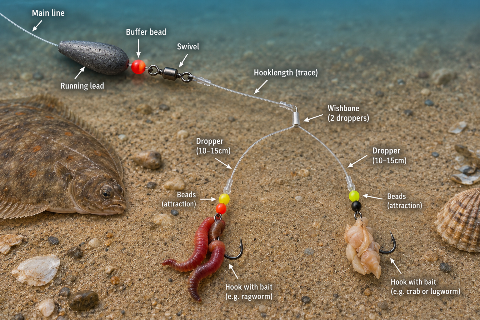 Running wishbone flatfish rig with two baited hooks, coloured beads, short droppers, swivel, buffer bead and running lead on the seabed.