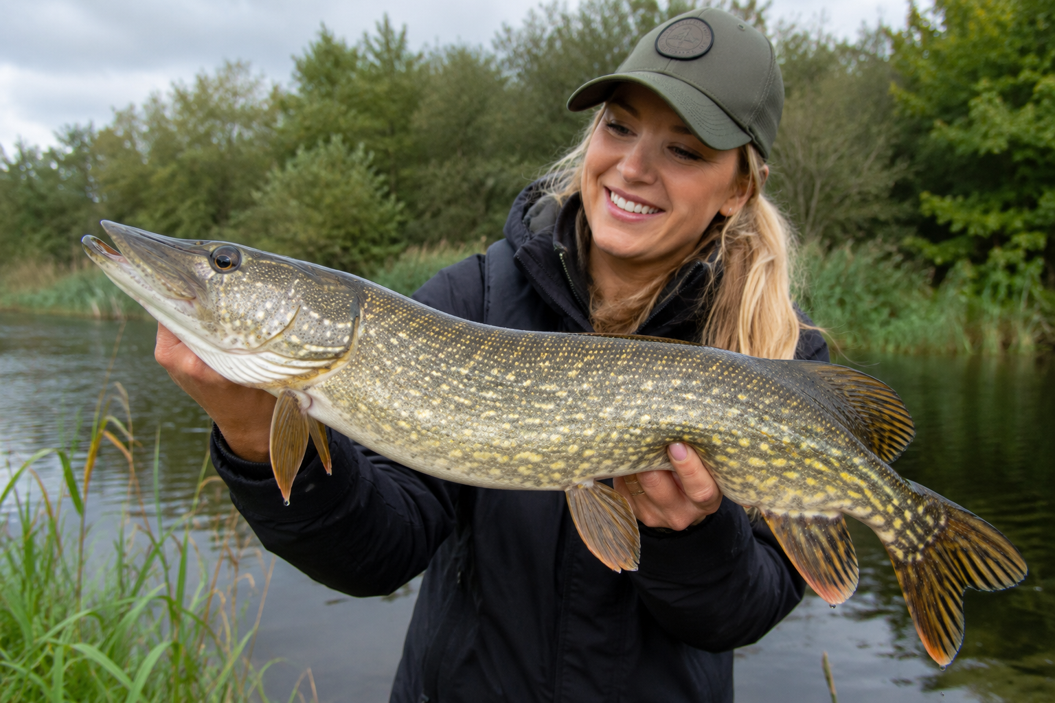 Female angler holding a large northern pike beside a calm freshwater lake surrounded by reeds and trees.