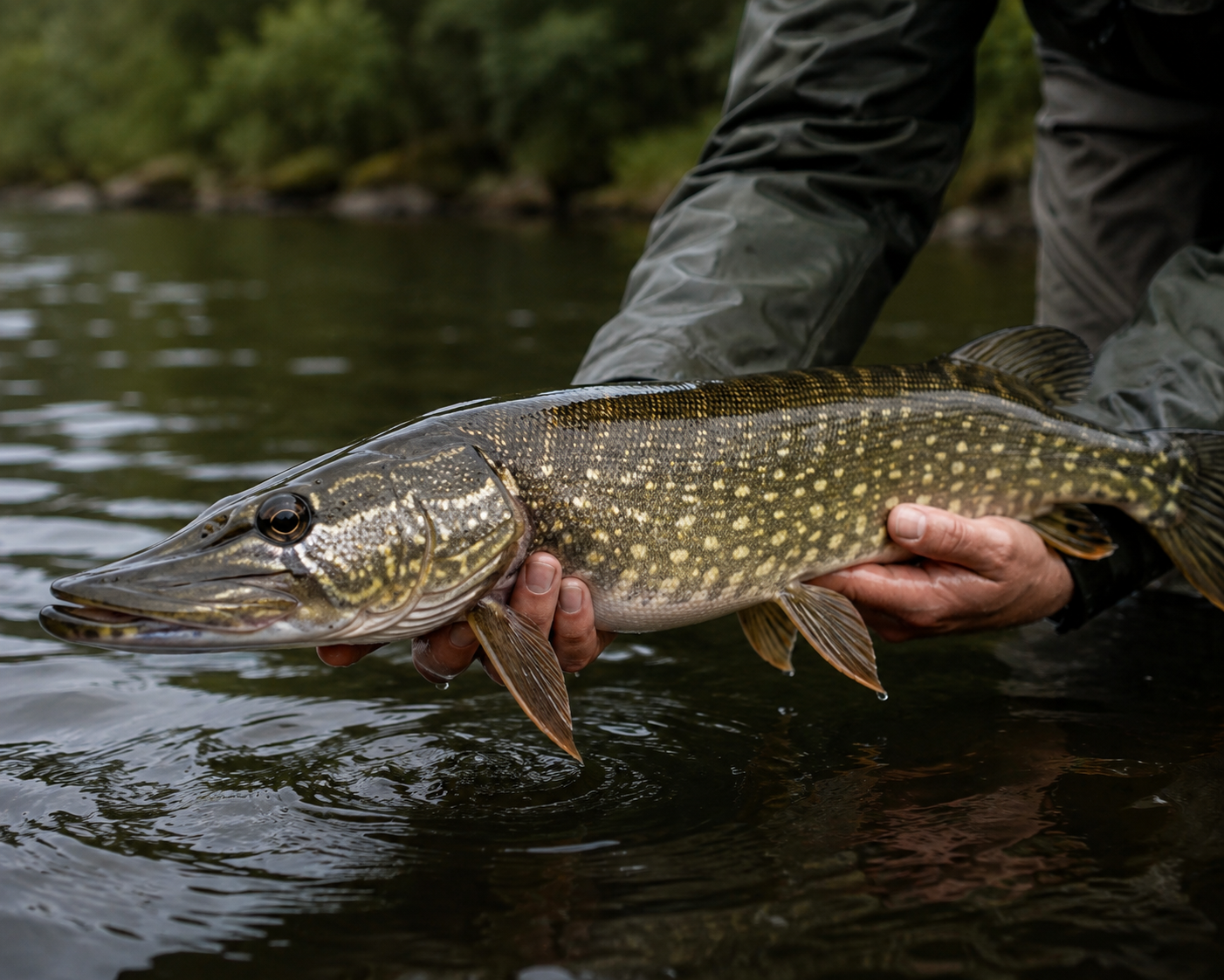 Pike held carefully above dark river water before release