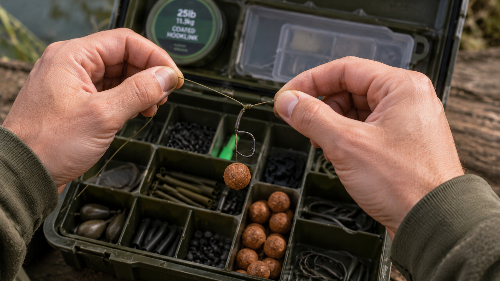 Image of an Angler hands tying a hair rig above an open tackle box.