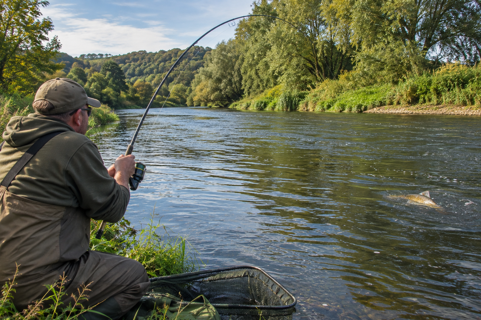 Angler playing a powerful barbel on a flowing UK river with the fishing rod bent under the weight of the fish.