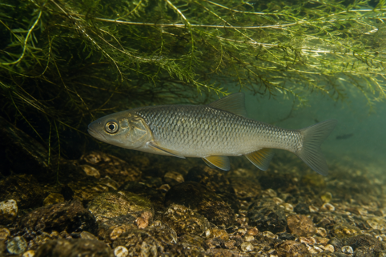 Dace swimming beneath aquatic weed over a rocky gravel riverbed in a clear English river.
