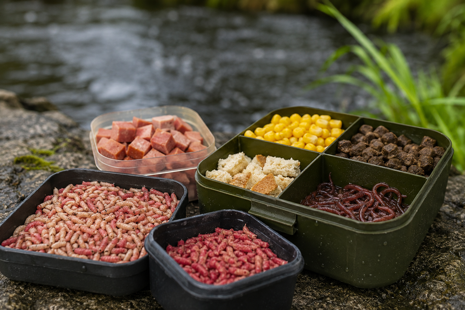 Selection of river fishing baits in bait boxes beside a flowing river, including maggots, worms, sweetcorn, bread, pellets and luncheon meat.