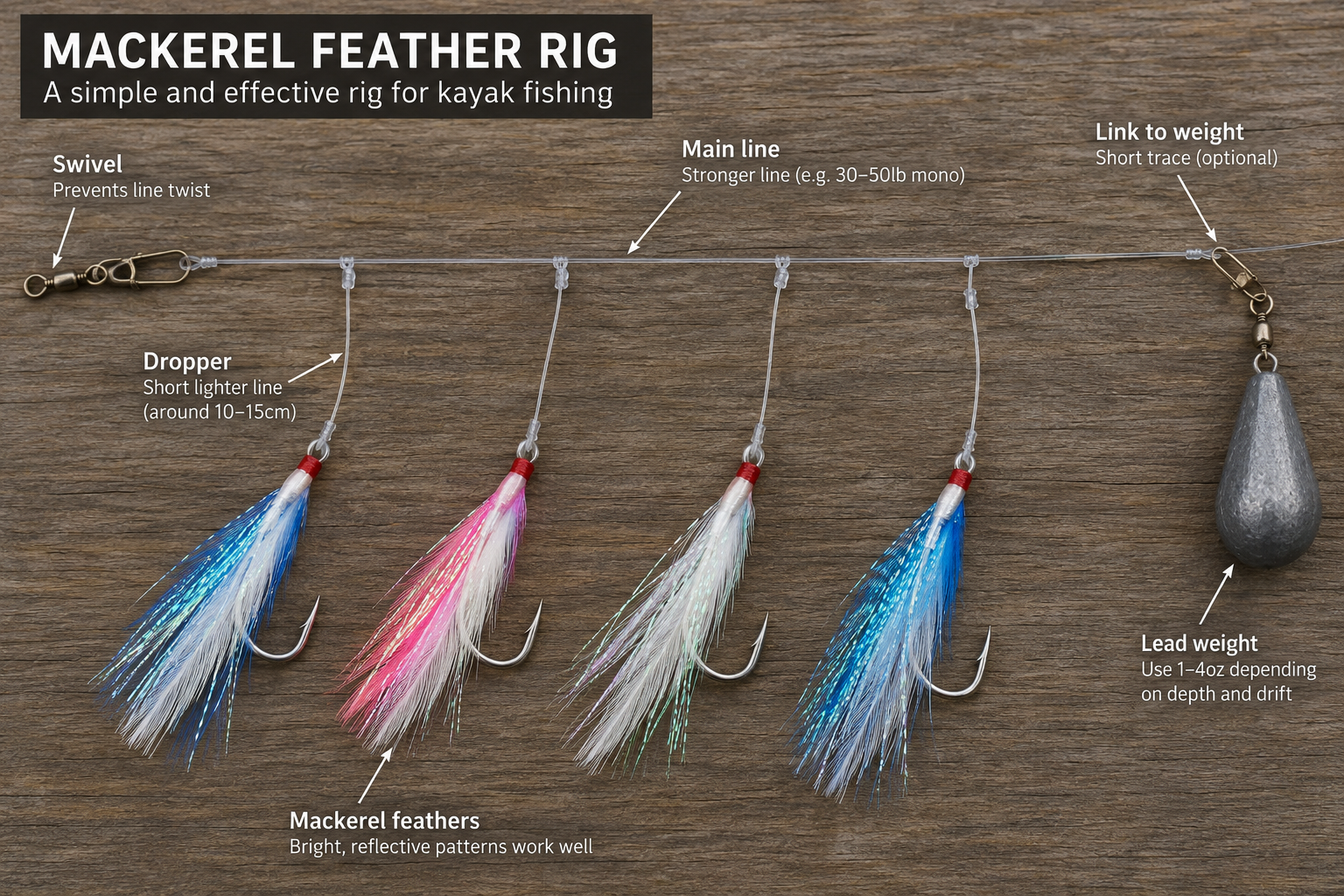 Mackerel feather rig with four reflective feather hooks, droppers, swivel and lead weight laid out on a wooden background.