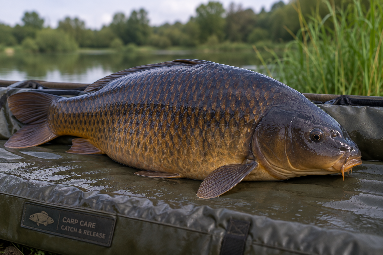 Dark common carp resting on a wet padded unhooking mat beside a lake, showing its deep bronze scales and distinctive body shape.