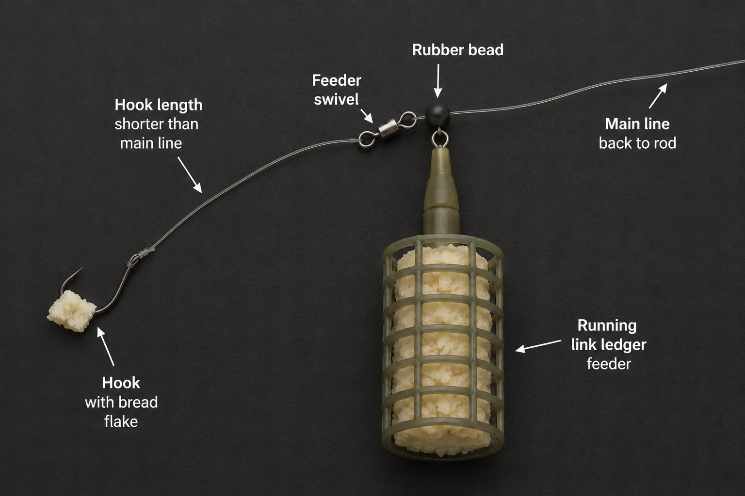 Running feeder rig for roach fishing with a bread-filled feeder, short hooklength and bread flake on the hook.