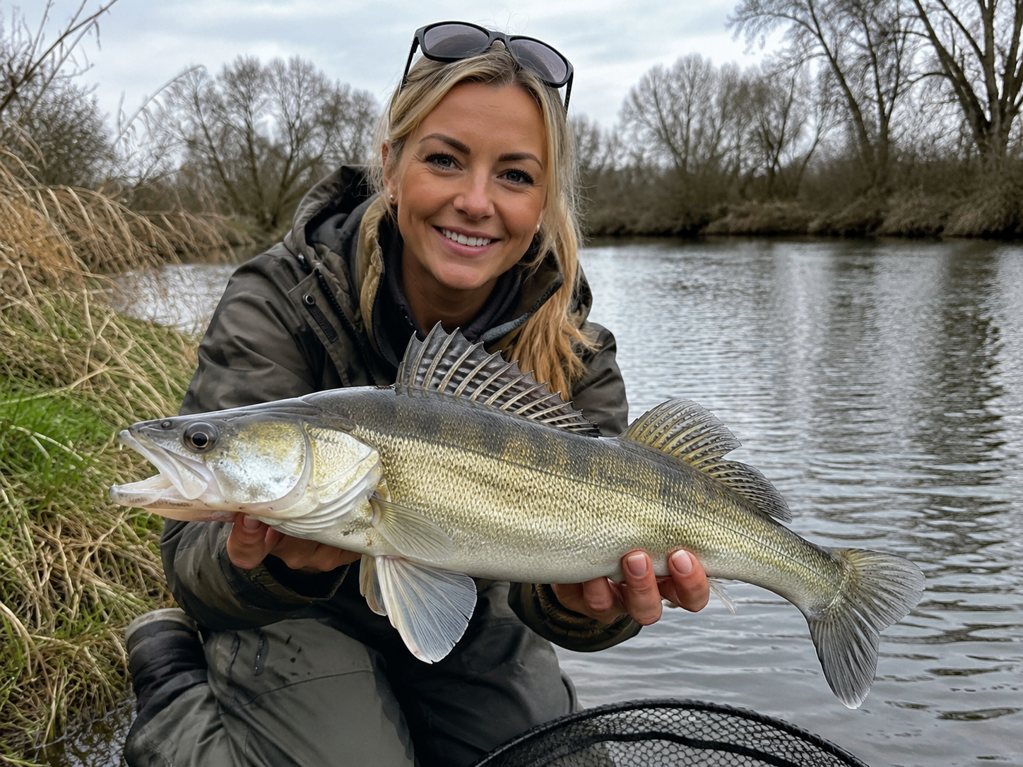 Female angler holding a zander