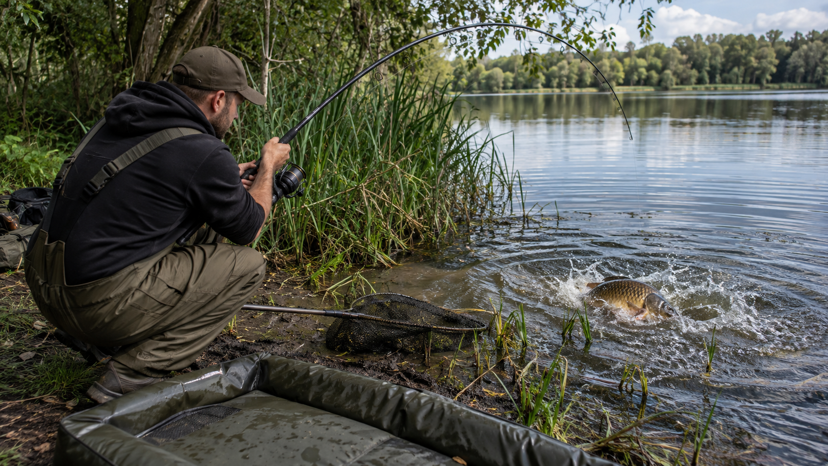 Angler crouching at the water’s edge while playing a carp close to the bank, with the fish splashing in the margins beside a landing net and unhooking mat.