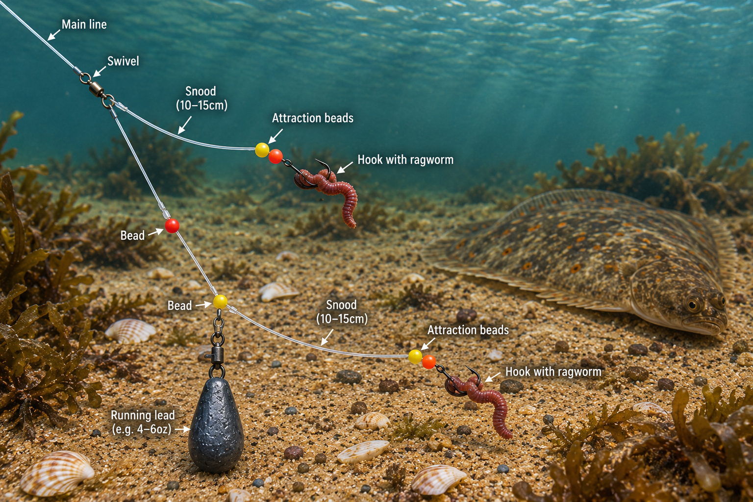 Wessex flatfish rig with two hooklengths, red and yellow attraction beads, ragworm baits and lead weight shown over a sandy seabed.