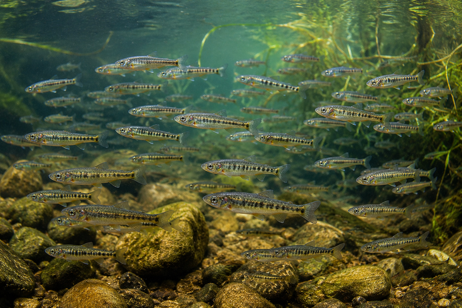 Shoal of common minnows swimming above a rocky gravel bed in a clear freshwater river.