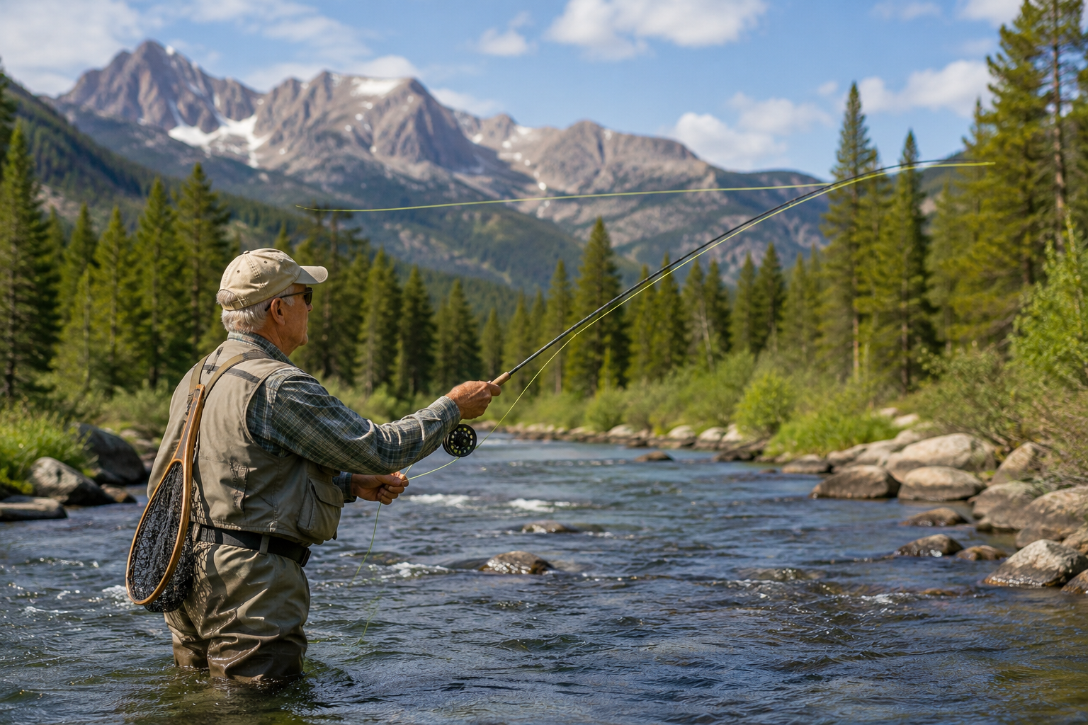 Older angler fly fishing in a clear American mountain river surrounded by pine forest and rugged mountains.