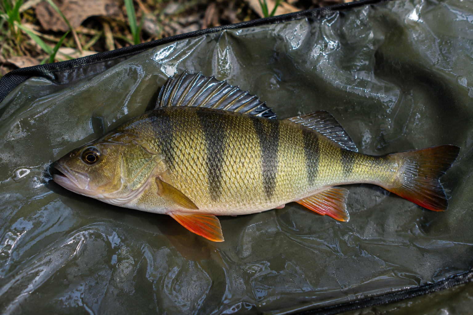 A perch lying on an unhooking mat