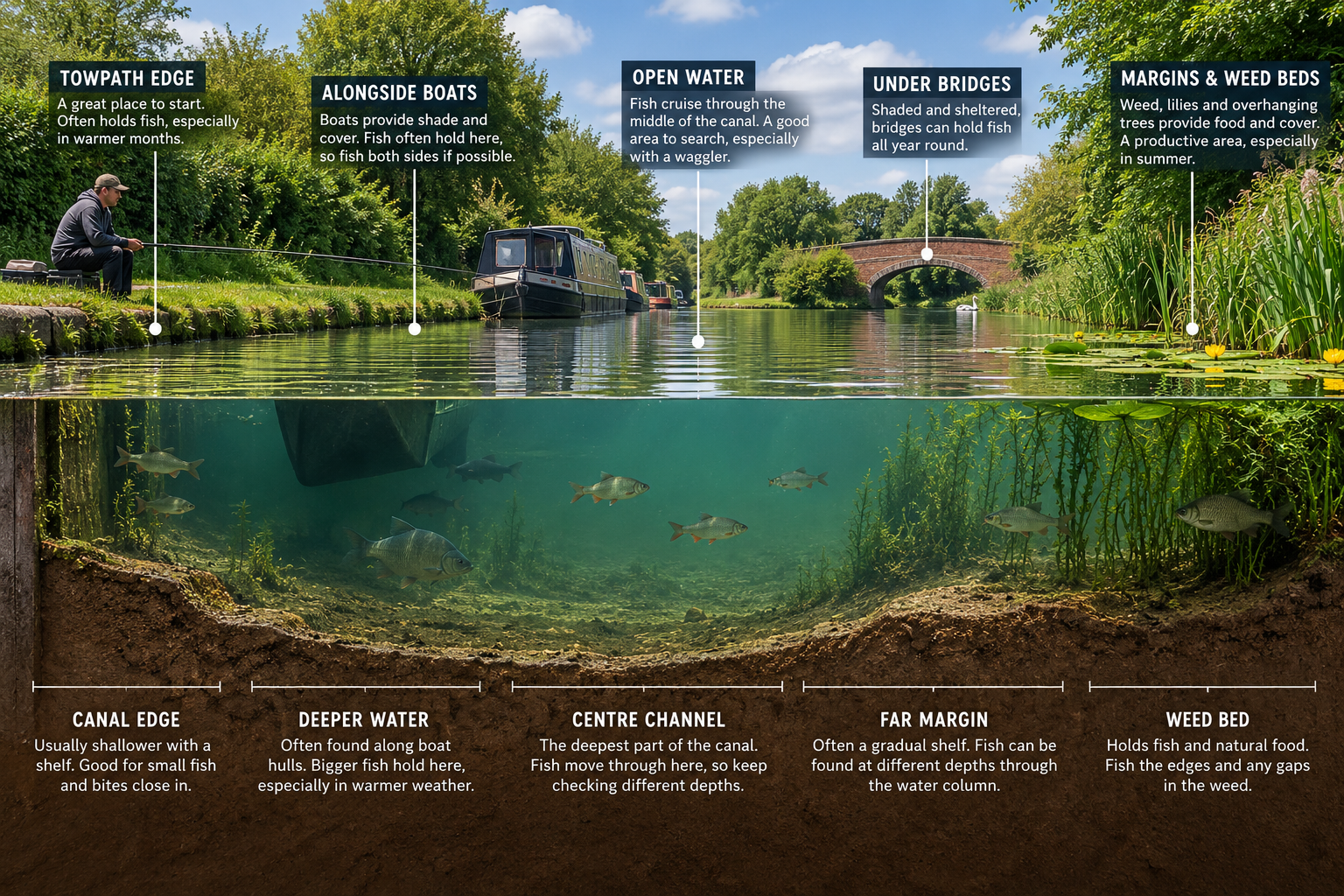 Cross-section of an English canal showing key fishing areas including the towpath edge, deeper water, centre channel, far margin, weed beds, boats and bridge cover.
