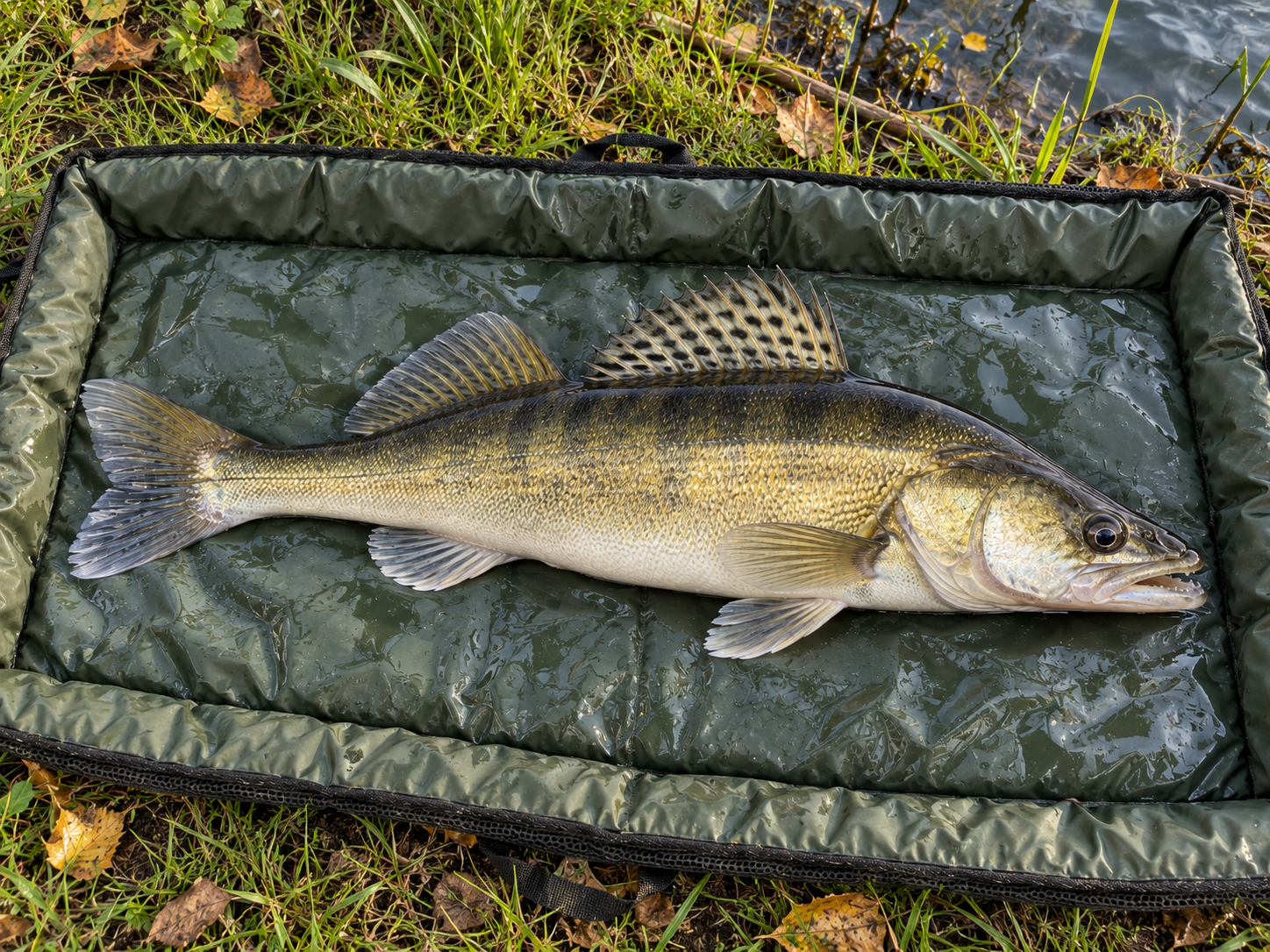 Zander lying on a wet padded unhooking mat beside the water, viewed from above.