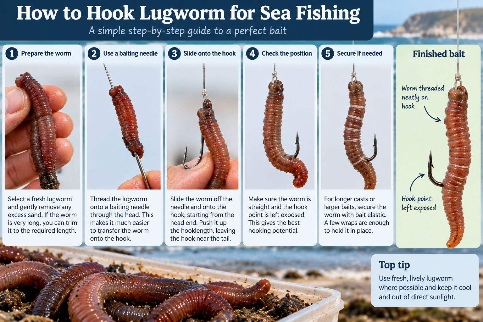 Infographic showing how to correctly hook lugworm 