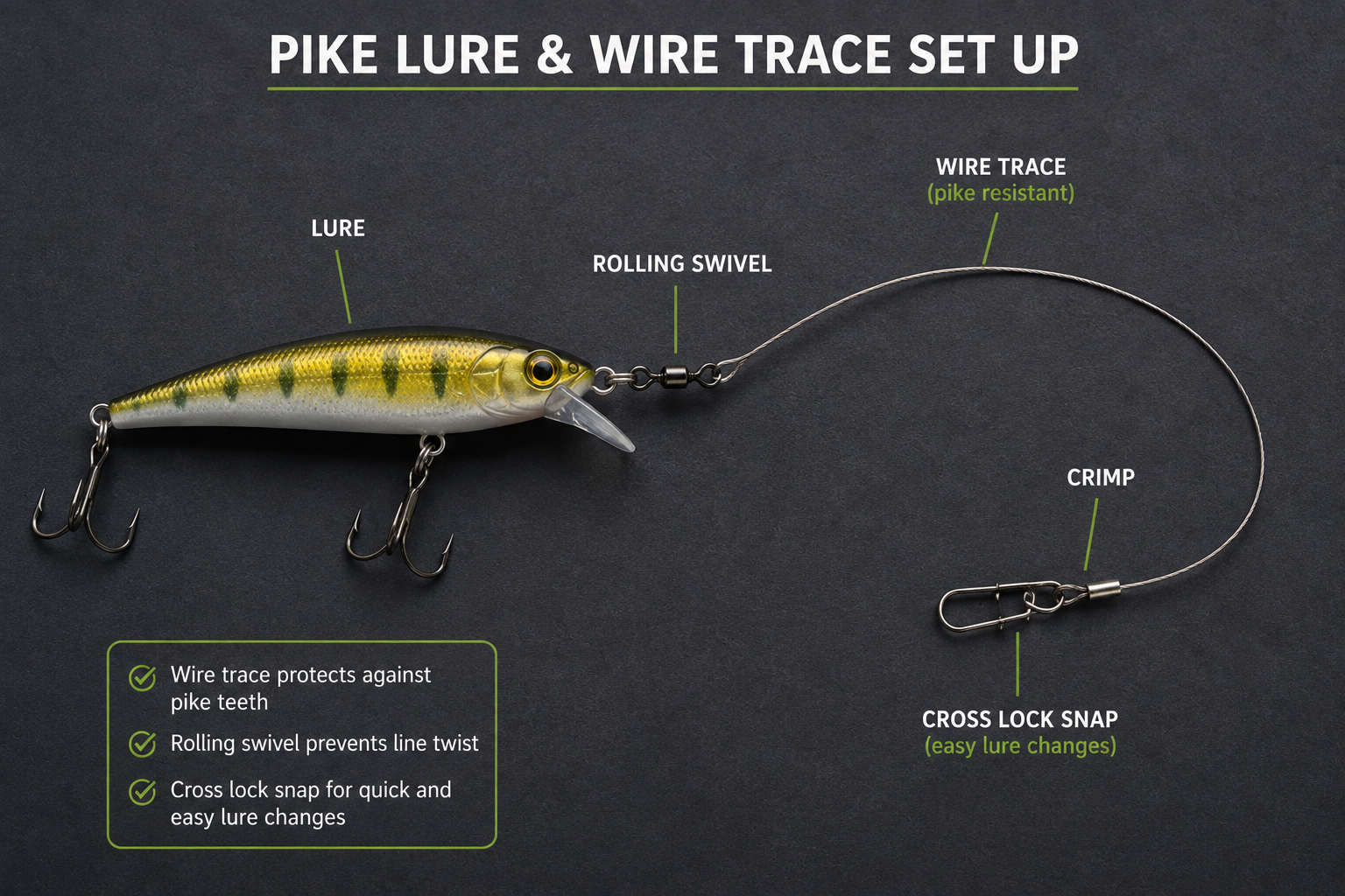 Pike fishing lure connected to a wire trace with swivel, crimp and snap for safe lure fishing.