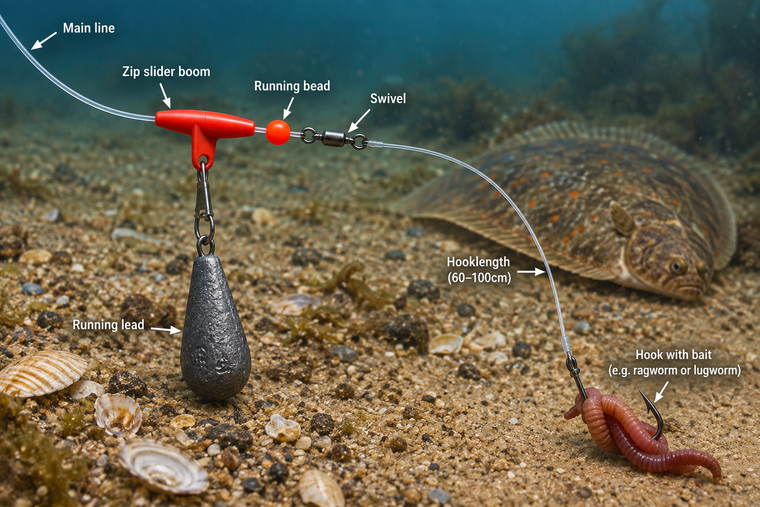 Running ledger rig for flatfish with a zip slider boom, lead weight, running bead, swivel and long hooklength baited with ragworm.