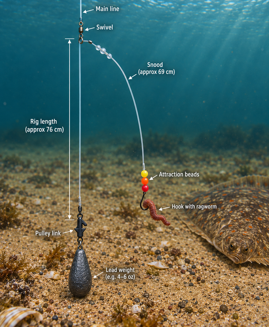 Flatfish pulley rig with coloured beads, ragworm-baited hook, pulley link and lead weight shown underwater beside a flounder.