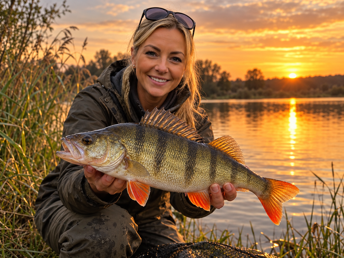 Woman holding a large European perch beside a lake at sunset, with golden light reflecting across the water.