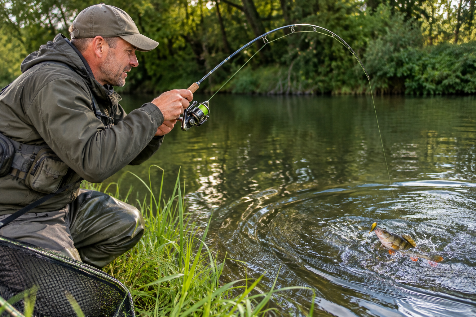 Angler using a short spinning rod to play a perch hooked on a lure at the edge of a river.