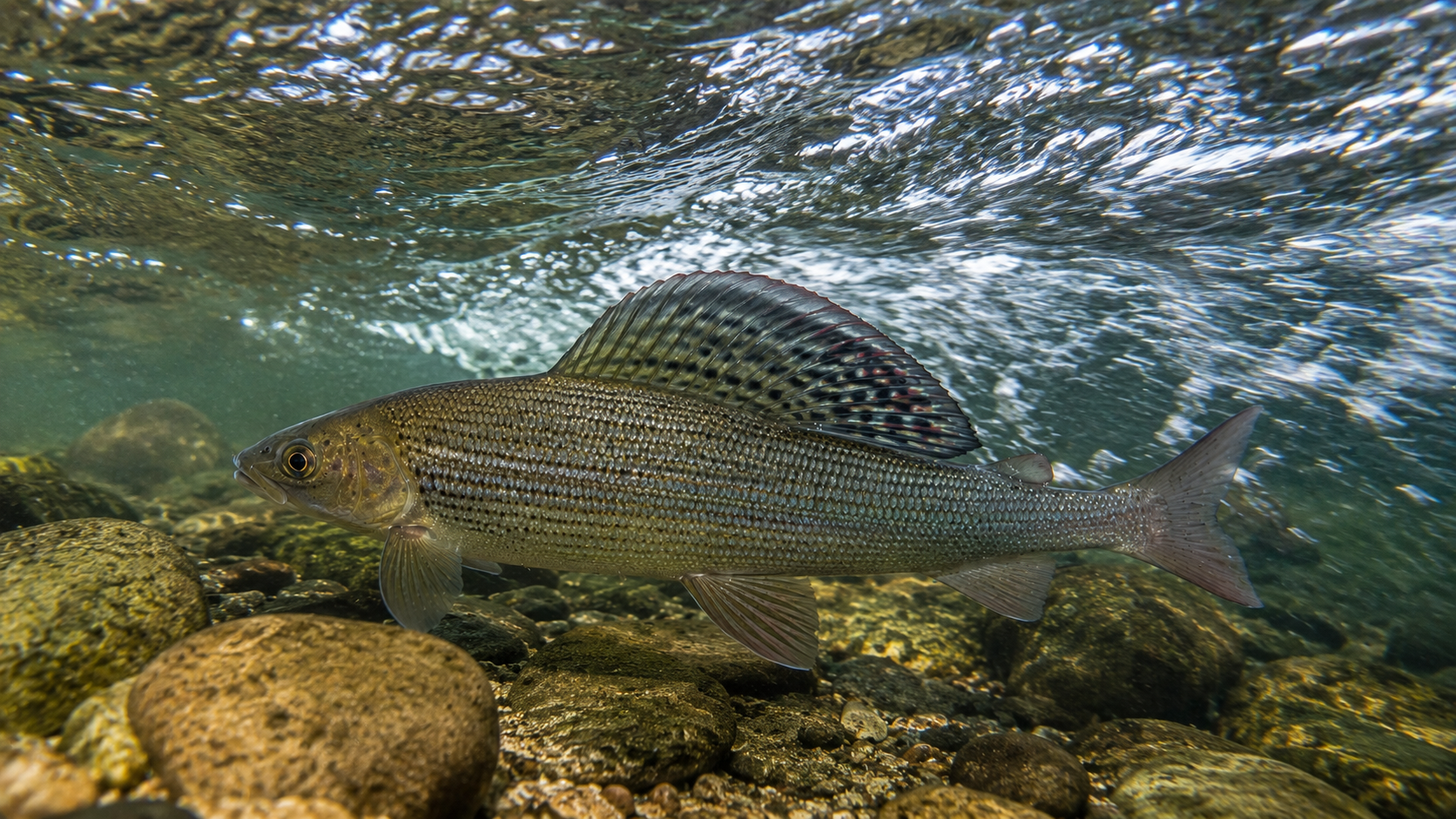 A grayling swimming in a fast flowing stream.