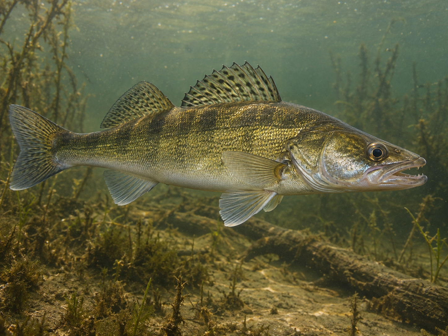 Zander swimming underwater above a natural lake or river bed with submerged plants and branches.