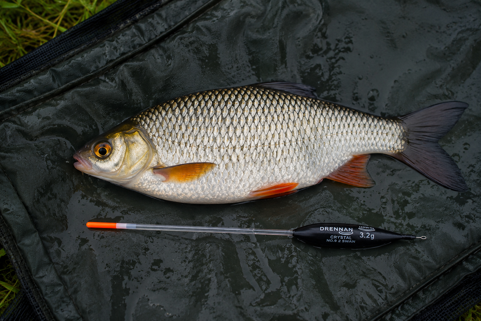 Roach resting on a wet unhooking mat with a waggler float beside it after a successful float fishing session.