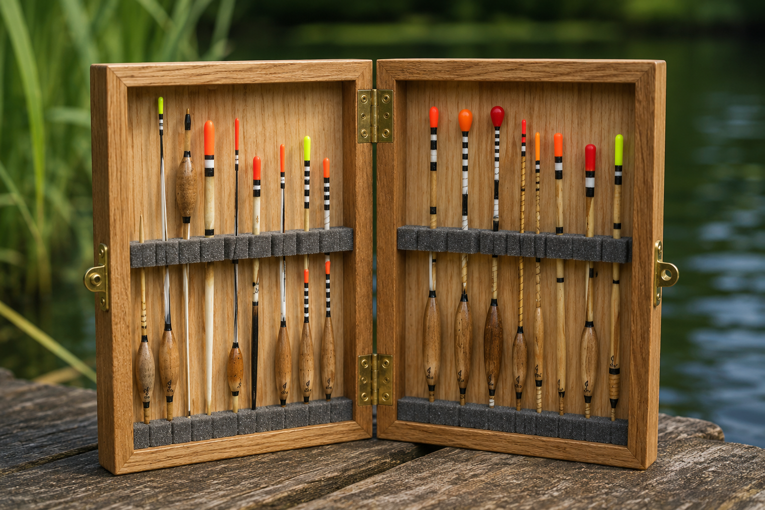 Wooden fishing float box containing a selection of straight and insert wagglers with brightly coloured tips for stillwater float fishing.
