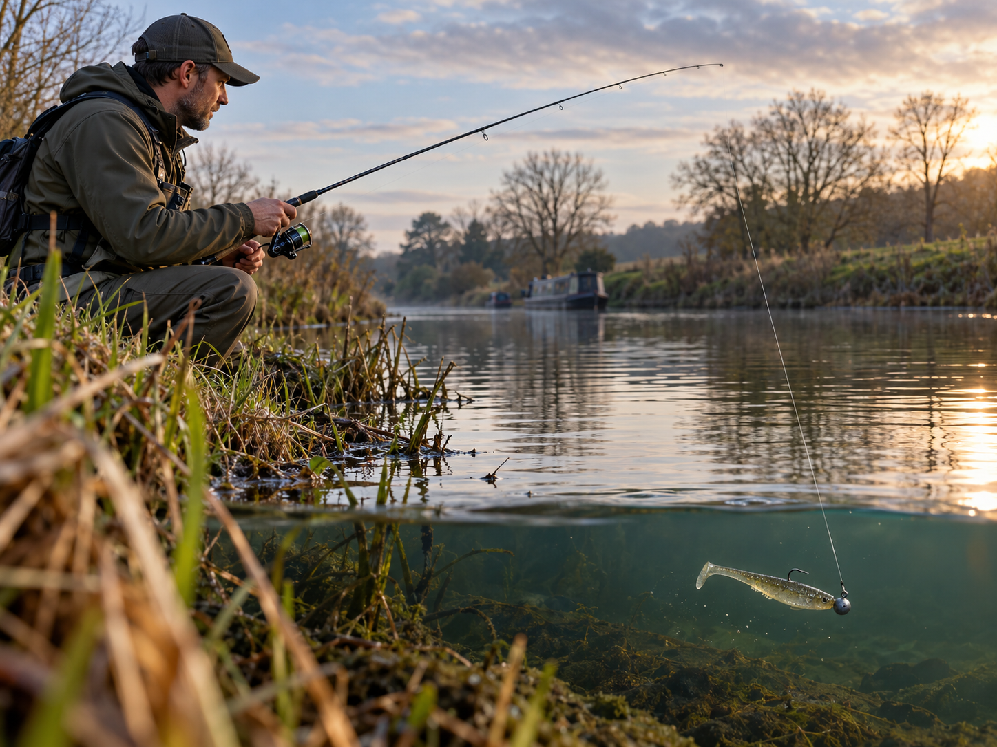 Angler fishing a soft plastic paddle-tail lure on a jig head in a calm canal at sunset.