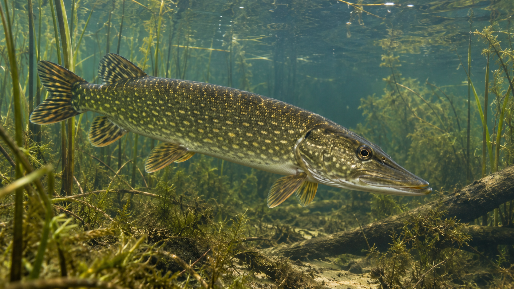 Northern pike swimming underwater through aquatic vegetation in a freshwater lake, showing its elongated body, olive-green colouring and distinctive pale spots.