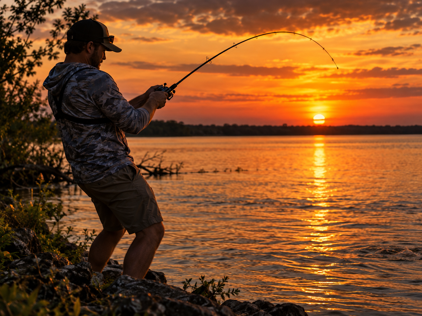 Angler standing on a rocky bank at sunset, playing an unseen fish with a short rod and baitcasting reel.