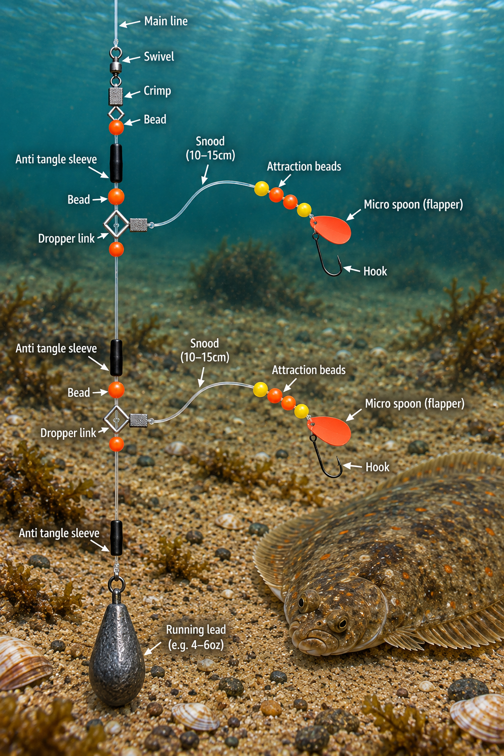 Two-hook flatfish rig with red and yellow beads, micro spoons, two hooks and a lead weight shown underwater beside a flounder.