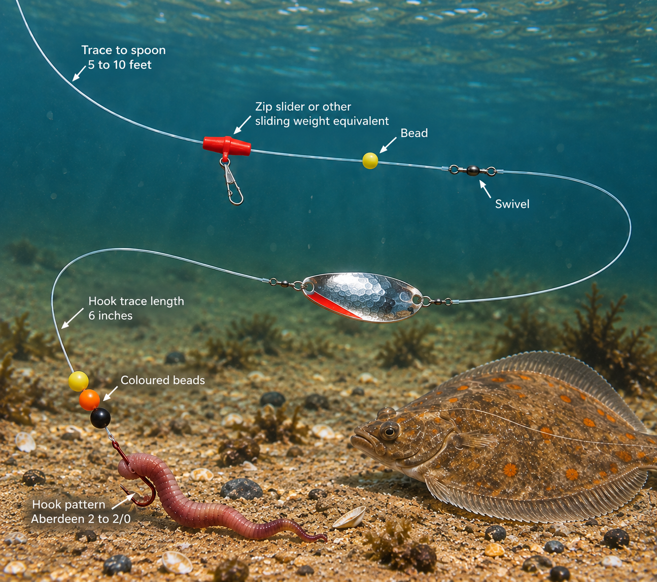 Plaice spoon rig showing a sliding weight, swivel, spoon, yellow, orange and black beads, and a baited Aberdeen hook above a sandy seabed.