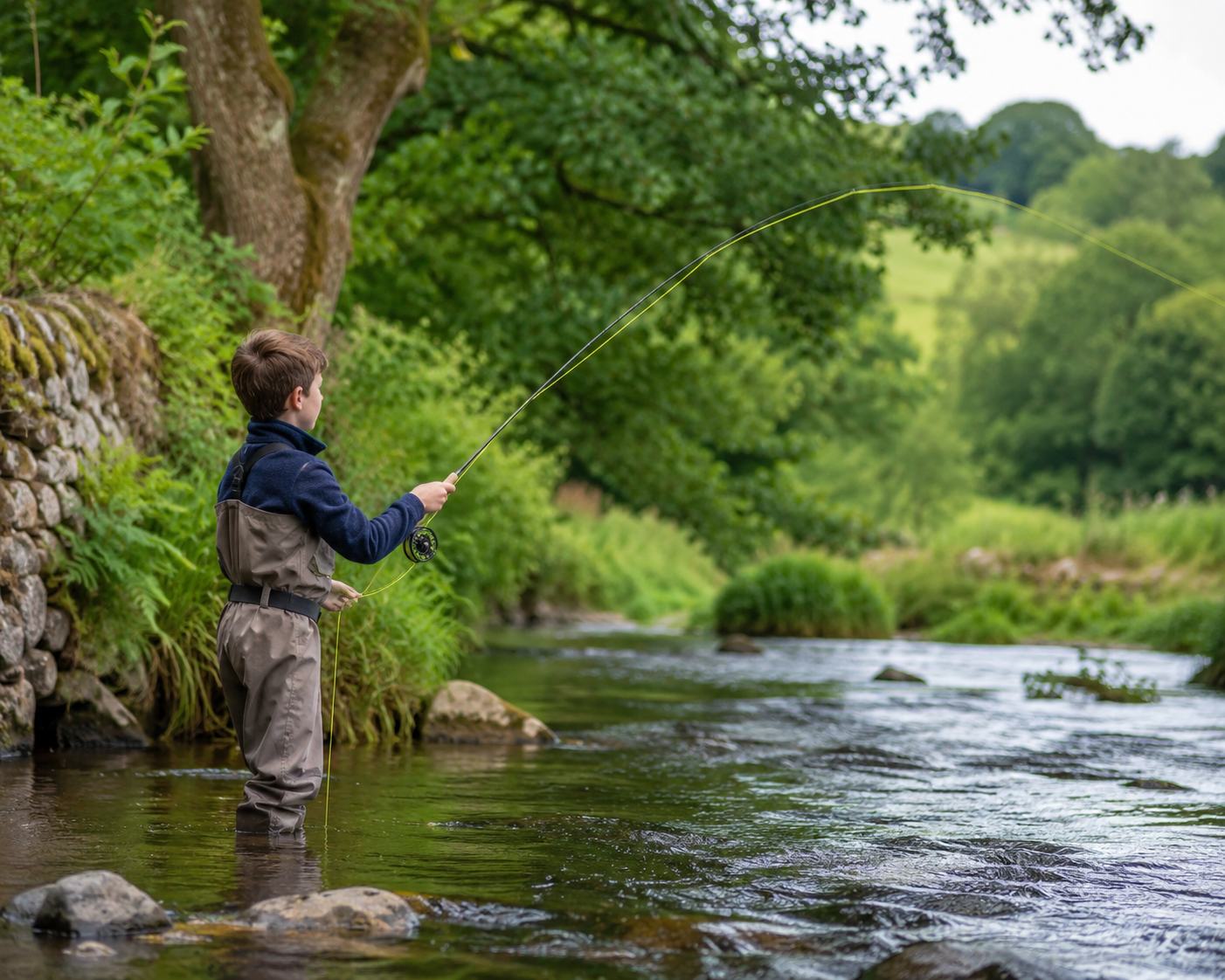 Young boy learning to fly fish, casting a fly rod into a small English countryside stream.
