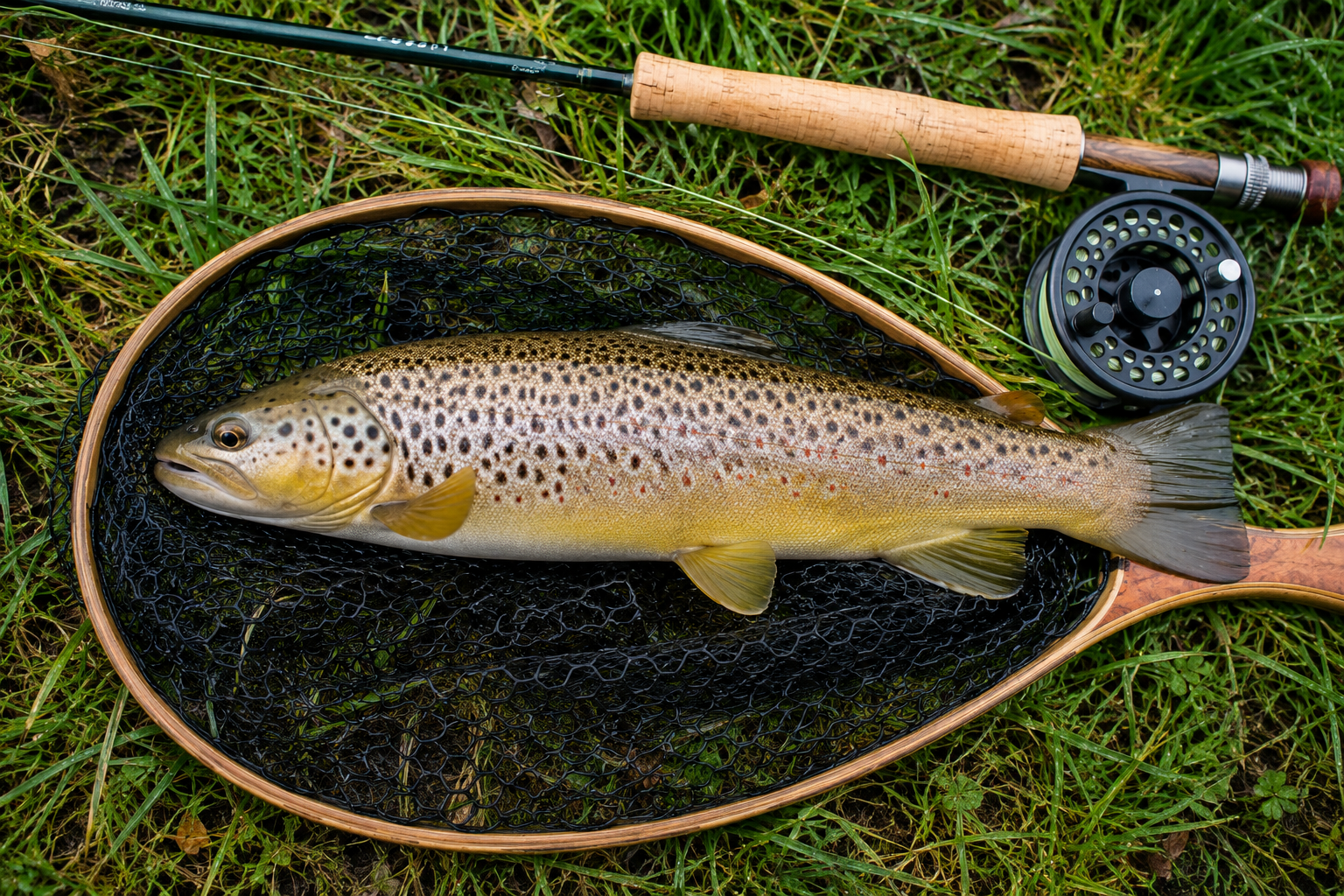 Brown trout resting in a landing net on grass beside a fly fishing rod and reel.