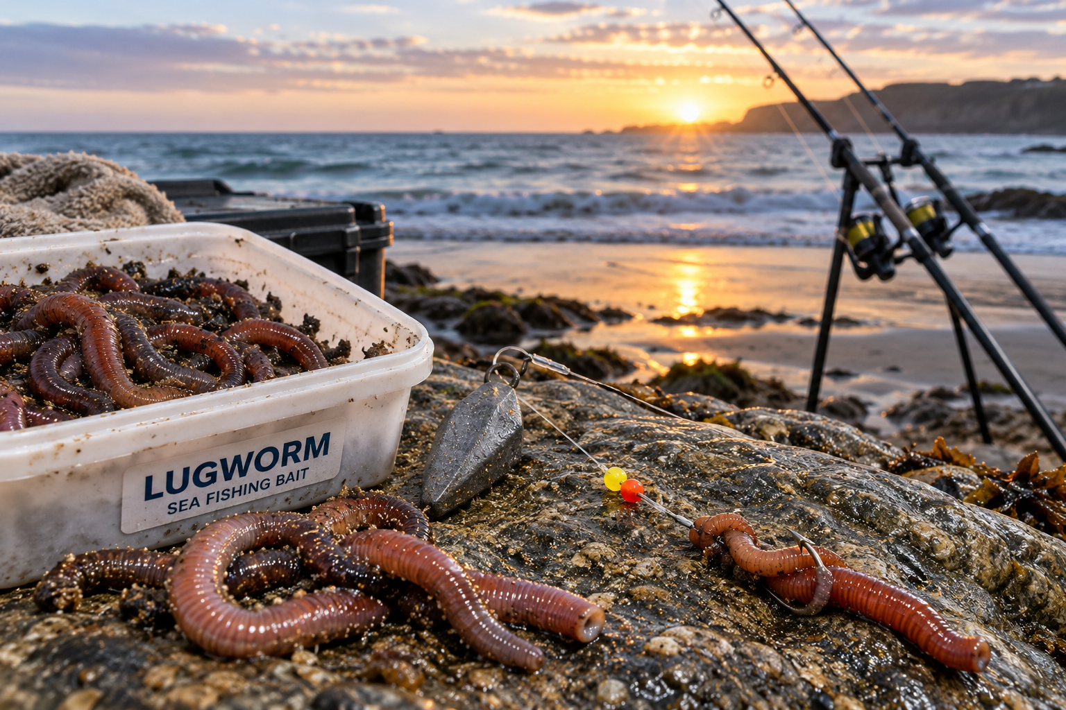 Two beach casting fishing rods set next to a bait box full of lugworms and baited hooks
