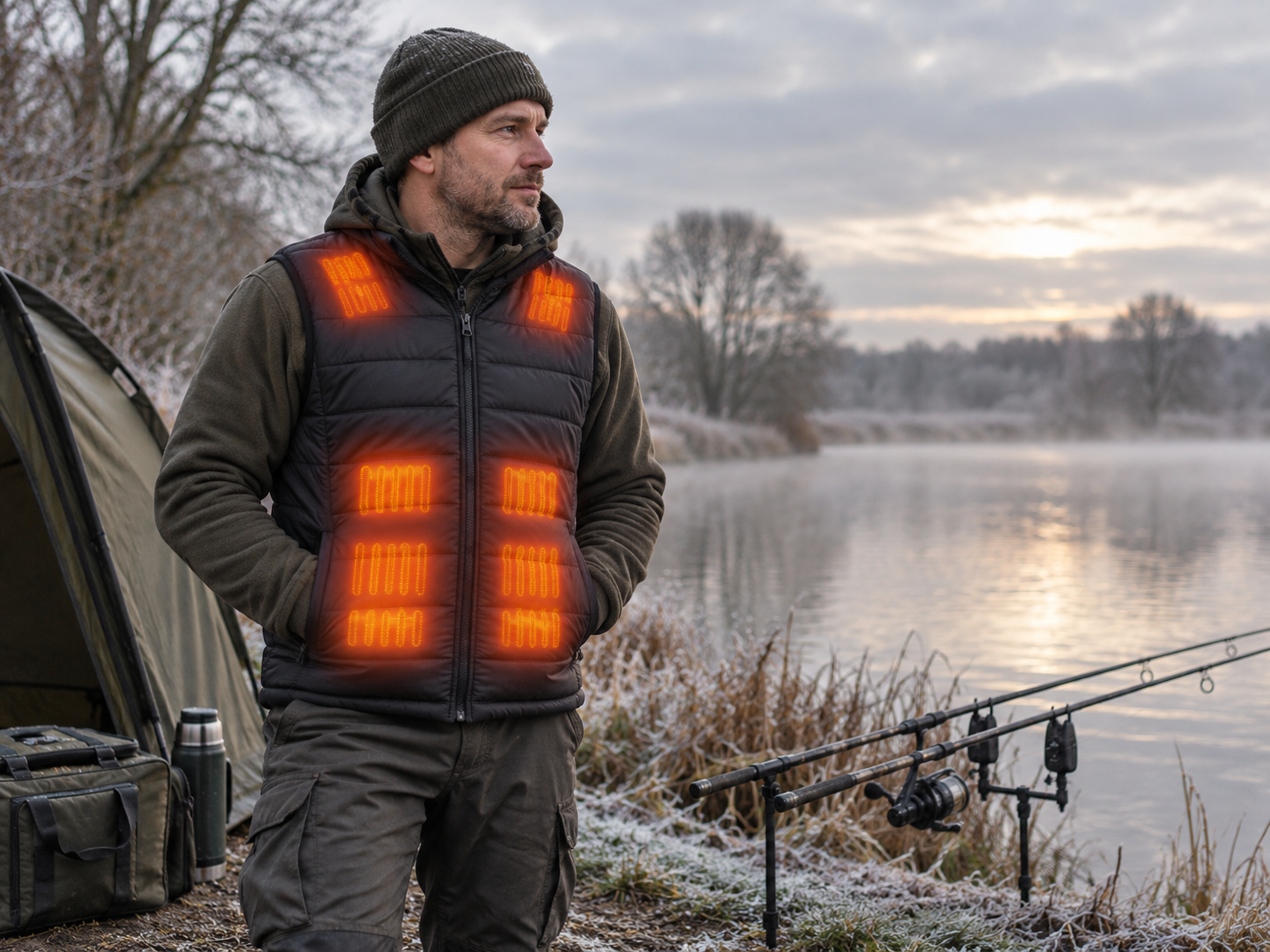 Angler wearing a heated gilet while fishing beside a frosty lake during a cold winter session.